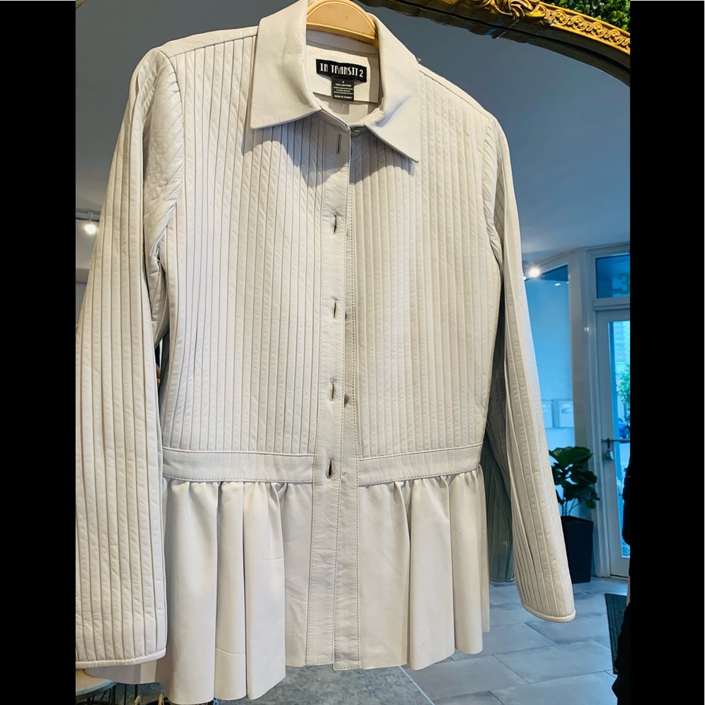 In Transit 2 White Leather Steampunk Pleated Shirt Jacket with Ruffle Bottom